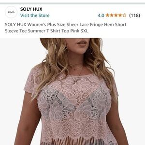 Sheer Lace Fringe Hem Short Sleeve Tee Summer T Shirt Top Pink 3XL